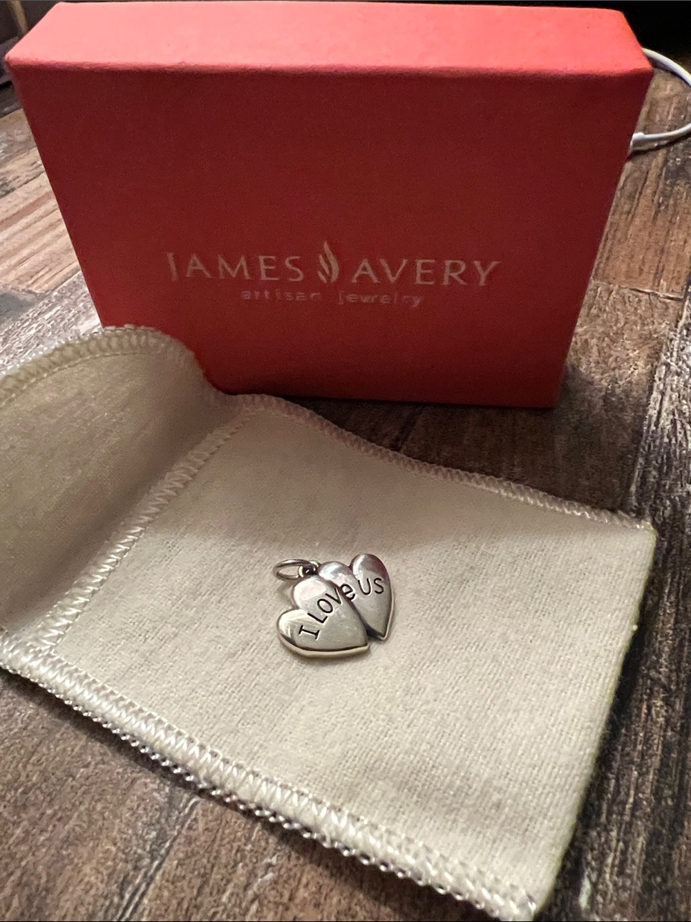 James Avery Silver Double Heart 'I Love Us' Charm with Red Box